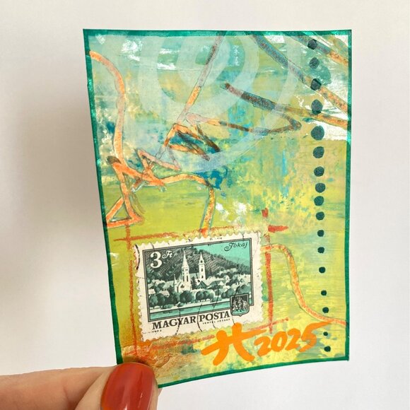 ACEO Original Mixed Media Art 1973 Hungary Tokai Church City Postage Stamp ATC - Picture 2 of 3